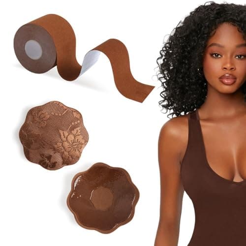 Auteek Boob Tape Boobtape, 2" Extra Wide Bob Tape for Large Breasts, XL Breast Lift Tape w 2pcs Reusable Nipplecover Adhesive Bra Brown - Image 1