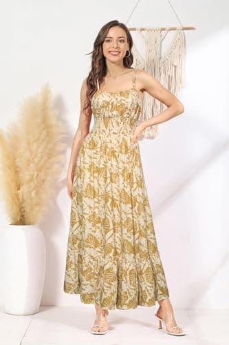 Summer Dresses for Women 2025 Spaghetti Strap Dress Floral Printed Casual Maxi Long Beach Dress Yellow Leaves S - Thumbnail 4