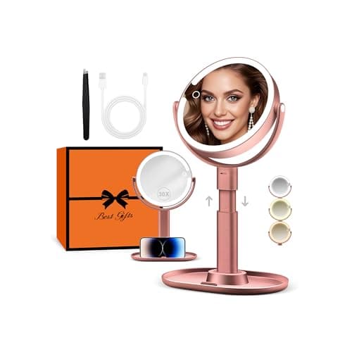 B Beauty Planet Makeup Mirror with Lights, Lighted Magnifying Mirror 30X with 3 Lighting and Adjustable Brightness, 2-Sided Height Adjustable Vanity Mirror for Bathroom, Gifts for Women Rose Gold - Image 1