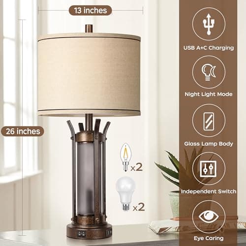 QiMH Farmhouse Table Lamps for Living Room, Rustic Beside Lamps for Bedroom with USB A+C Charging Ports, Nightstand Lamp with Frosted Glass Night Light for Home Decor, 4 Bulbs Included (Bronze) - Thumbnail 5