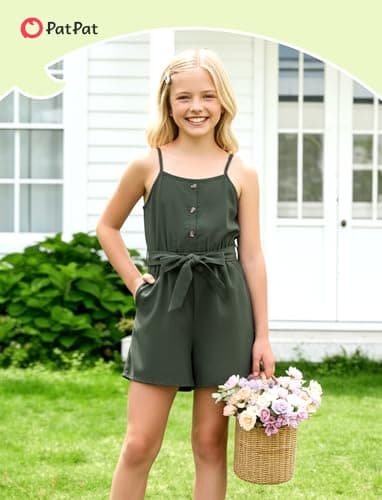 PATPAT Girls Rompers Size 9-10, Olive Green, Cute Jumpsuits For Kids, Backless Wide Leg Sleeveless Hawaiian Rompers With Pockets, Spaghetti Strap Jumpsuits With Belt, Kids Birthday Outfit - Thumbnail 2