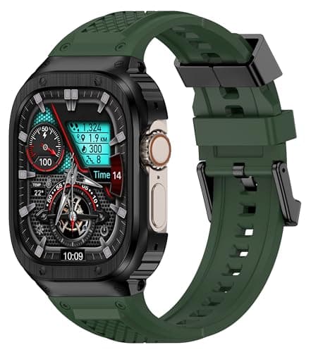 Deczone Band with Stainless Steel Case Compatible with Apple Watch Series Ultra 1 2 3 49mm Band, iwatch Bands Rugged Metal Protective Cover for Men (Army Green) - Image 1