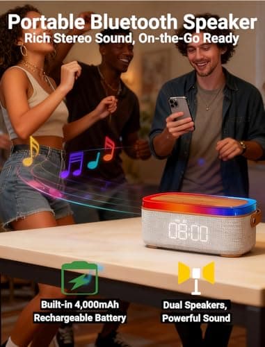 PLUWEL 4-in-1 Alarm Clock Bedrooms for Heavy Sleeper, Bluetooth Clock Sync with Phone, Portable Bluetooth Speaker, 15W Wireless Charging Station, Ambient Mood Night Light, Trendy Gift Room Decor - Thumbnail 5