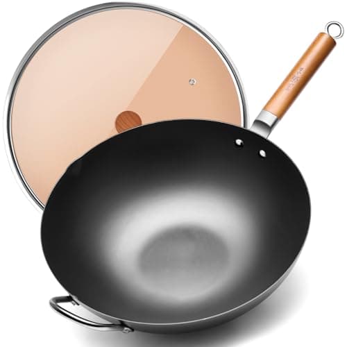 WANGYUANJI Carbon Steel Wok 14.2", Large Nitriding Flat Bottom Stir Fry Pan with Lid, No Chemical Coating Rust Resistant Iron Skillet for Induction Electric Gas Stoves, Big Capacity Serves 6+