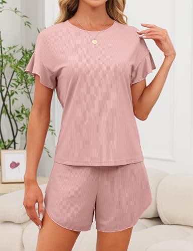 JUSTFASHIONNOW Women's Pajama Set Ruffle Sleeves Top and Short Soft 2 Piece Loungewear Set Pink - Thumbnail 4