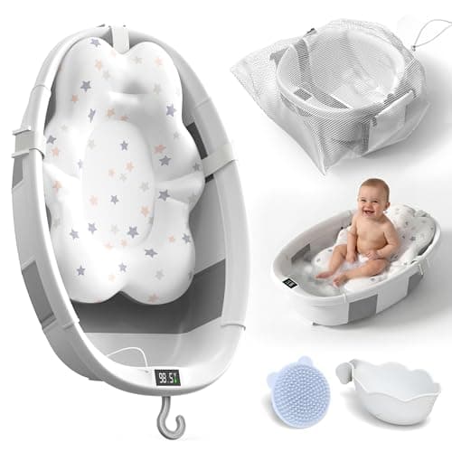 Collapsible Baby Bathtub - Large Baby Bath Tub with Thermometer | Bath Essential Bañera para Bebe Easy Fold Baby Tub | Travel Infant Newborn Toddler Bathtub for Baby Girl Boy 0 to 36 Months (Grey)