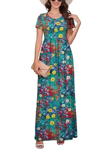 DEARCASE Women Floral Maxi Dress Rapeseed Petals Large Round Neck Boho Short Sleeve Sundresses A-line Casual Hawaiian Flowy Spring Summer Vacation Beach Long Dresses with Pockets - Image 1