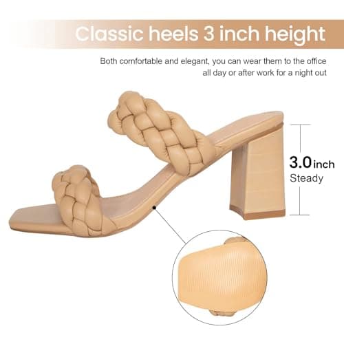Athlefit Women's Braided Heeled Sandals Fashion Square Open Toe Comfortable Slip on Block Khaki Heels Size 10 - Thumbnail 4