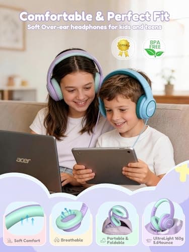 Acer Kids Headphones Wired for School - Over Ear Design, 85/94dB Safe Volume Limit, 3.5mm Jack Foldable Headphones for Toddler Boys Girls Classroom Yoto Player Chromebook Travel Purple Green - Thumbnail 4