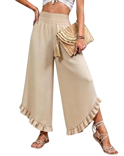 IEEILULU Wide Leg Pants for Women - Beach Pants for Women Flowy Floral Palazzo Pants High Waisted Casual Pants Beach Vacation Outfits Apricot XL - Image 1