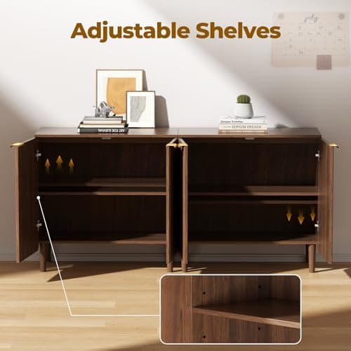 LOOMORA Sideboard Buffet Storage Cabinet - Wood Cabinets with Adjustable Shelves Fluted Doors, Anti-Tip Console Table for Kitchen Dining Living Room or Entryway Hallway, Easy Assembly, Walnut - Thumbnail 3