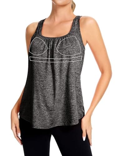 SLIMBELLE Mesh Racer Back Tank Tops Womens Gym Yoga Athletic Workout Tops Round Neck Sleeveless Loose Fit Cami with Built in Bra Black-White L