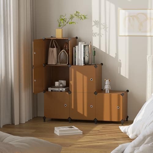 ATTDETJL Cube Storage Organizer, 6-Cube Shelves Unit with Doors, DIY Stackable Plastic Clothes Organizer for Bedroom and Under Stairs Storage Unit, Each Compartment 30 x 30 x 30 cm Brown ATTSL6007 - Thumbnail 5