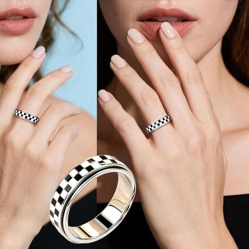 Checkered Fidget Ring for Anxiety Relief, Discreet Silent Spinning Jewelry, Black & White Pattern Durable Stainless Steel Sliver Plated Thumb Spinner Jewelry for Work Office Adults Women Men Size 5-11 - Thumbnail 2