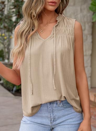Dokotoo Beige Women's Summer Tops Dressy Casual Shirts for Women Tank Tops Sleeveless Tunic Vest Pleated Flowy V Neck Spring Clothes 2026 Trendy Outfits Loose Fit Size Medium - Thumbnail 3