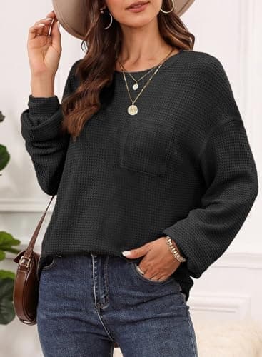 Dokotoo Womens Tops Trendy 2026 Spring Sweater Outfits Long Sleeve Shirts Women Blouses Dressy Women's Clothing Fashion Casual Business Cute Oversized Tunic Loose Fit Tshirts Teacher Outfits Black - Thumbnail 3