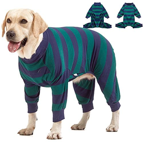 LovinPet Large Dog Pajamas Bodysuit, Lightweight Stretchy Knit Pullover Dog Onesie, Pet Pajamas for Dogs, Green and Black Stripe Print Dog Shirt, UV Protection, Stop Shedding for Dogs, Pet PJ's, M