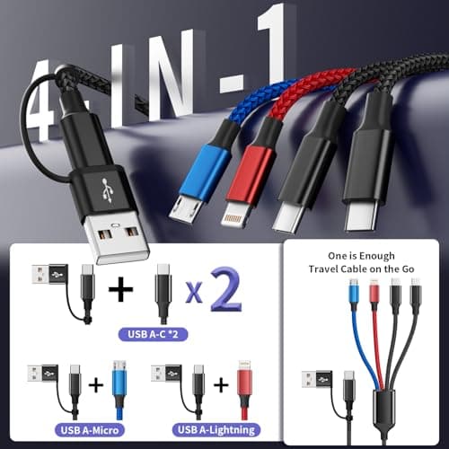 Travel 4 in 2 Charging Cable, USBA/C Multi Charging Cable for Multiple Devices with Two Type-C/Lightning/Micro USB, iPhone Charger Cord for iPhone17-12, Androids iPad, Car Accessories (2Packs, 5FT) - Thumbnail 2