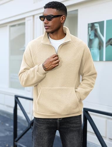 ZAFUL Men's Fluffy Polar Fleece Sweatshirt Embroidery Half Zip Unisex Hoodie Apricot M - Thumbnail 6