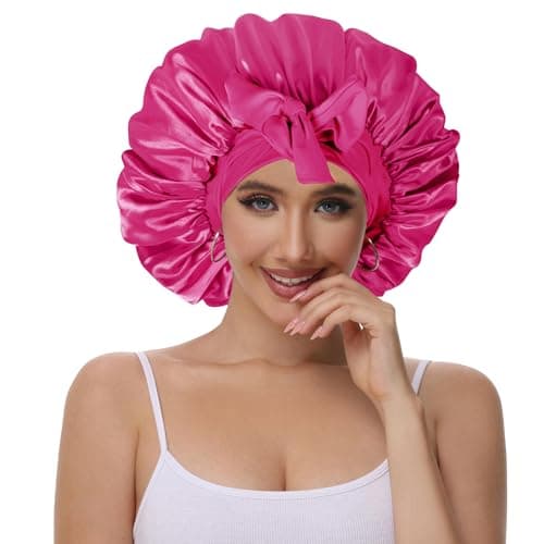 Vettres Hair Bonnet for Sleeping Satin Bonnets Silk Sleep Bonnet Double Layer Satin Bonnet with Tie Peach Red - Thumbnail 2