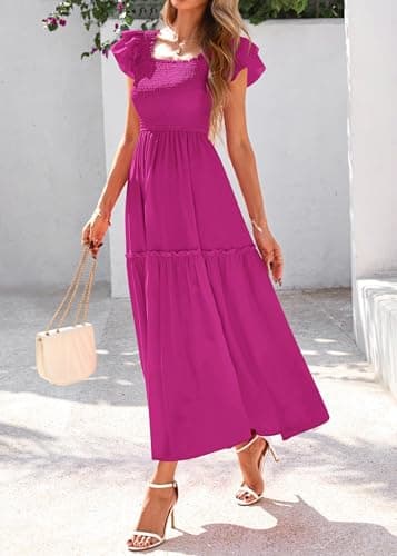 KIRUNDO Smocked Summer Dresses for Women 2026 Wedding Guest Midi Flowy Ruffle Short Sleeve Square Neck Tiered Sundress(Rose Red, XX-Large) - Thumbnail 5