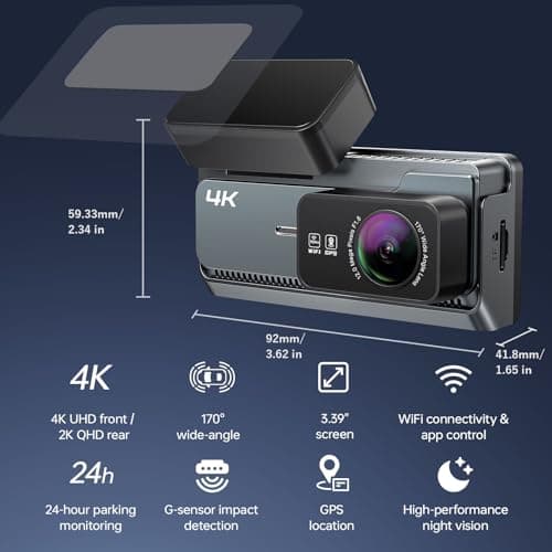Yonvim 4K+2K Dash Cam Front and Rear, 5G WiFi GPS, 32GB Card Included, 3.39" Screen Dual Dashcam, G-Sensor, 24H Parking Mode, WDR, Dash Camera for Cars - Thumbnail 6