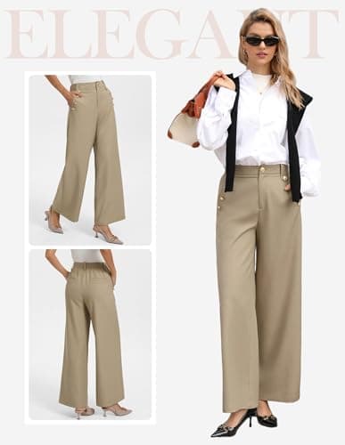 GRACE KARIN Work Pants for Women Trendy Khaki Straight Leg Dress Office Work Casual Trousers with Pockets Khaki 2XL - Thumbnail 2