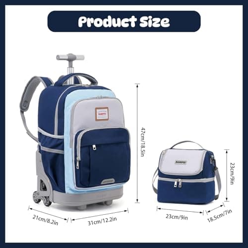 BAMIFEI 18 Inch Blue Rolling Backpack for Kids Climb Stairs Backpacks Kids Backpack Carry On Wheeled School Backpack, Spacious Multiple Compartments Reflective Strip Travel Backpack - Thumbnail 2