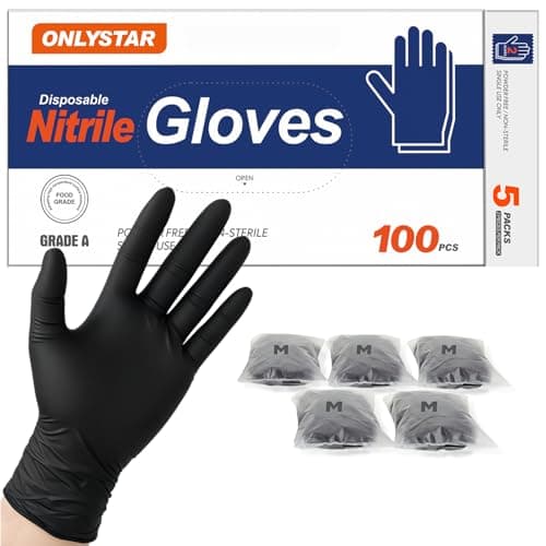 ONLYSTAR 5-Mil Disposable Nitrile Gloves for Cooking Food Prep,100Pcs + 5 Bonus Travel Packs Black Medium, Food Grade, Latex Free, Powder Free, Textured Grip for Household Cleaning, Crafts, Hair Dye - Image 1