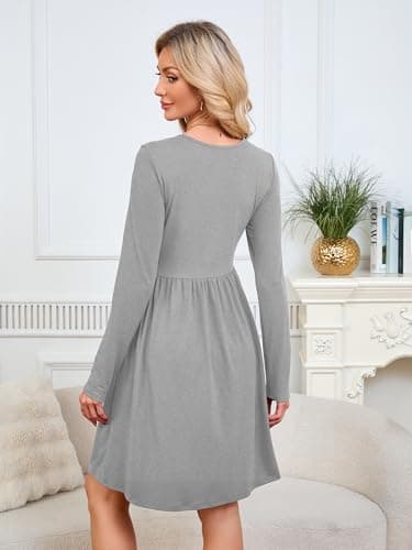 KORSIS Womens Dress Casual Swing Dark Grey L T Shift Autumn Long Sleeve Round Neck Tunic Loose Fashion 2025 Petite Dresses with Pockets - Thumbnail 5