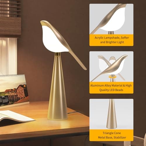 Xhope4u Small Desk Lamp, Bird Lamp, 10 Level Dimmable Brightness Bedside Night Light, Bedroom Table Lamp for Dorm, Office, Gifts, Reading, 3 Colors, Metal Finish, Gold, 360° Rotation - Thumbnail 2