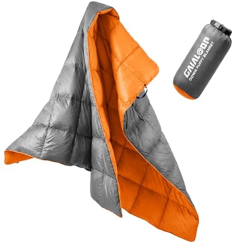 Gaialoop Down Puffy Blanket for Car Camping Outdoor Travel Backpacking, Duck Down Lightweight Portable Soft Warm Cozy Camping Blanket Quilt, 53"x78", Light Gray