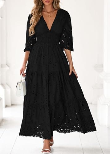 Lazysmile Long Sleeve Dresses for Women V Neck Hollow Out Eyelet Ruffle Swing A-Line Fall Vacation Boho Maxi Dress Black - Thumbnail 4