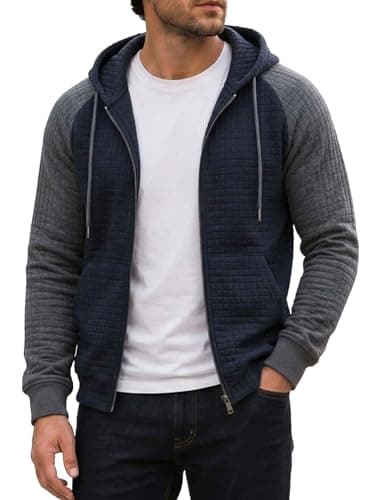 Men's Lightweight Waffle Knit Hoodie Drawstring Long Sleeve Sweatshirt Plaid Jacquard Zip Up Casual Jacket with Pocket - Image 1