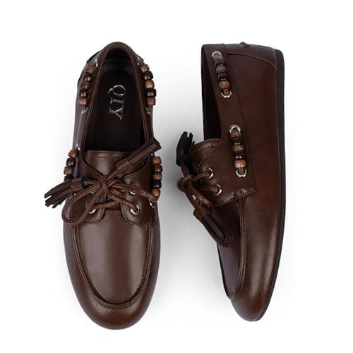 QIY Brown Flats Penny Loafers for Women Fringe Beaded Moccasins Dressy Lace up Driving Loafers Comfortable Lightweight Office Casual Wear Flats Size 9.5 - Thumbnail 4