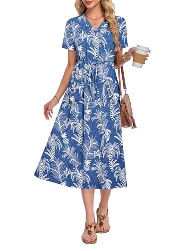 MOLERANI Women Summer Maxi Dress Casual Drawstring Long Dresses Hide Tummy Dress Calf Length with Pockets, Blue Tropical Style, 2XL - Image 1
