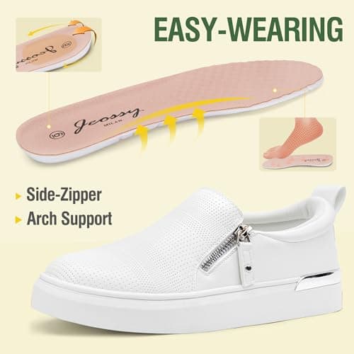 Jeossy Women's White Slip On Shoes Casual Fashion Sneakers 8010 Arch Support Loafers for Women with Zipper 10 (DJY8010 whiteperf 10) - Thumbnail 5