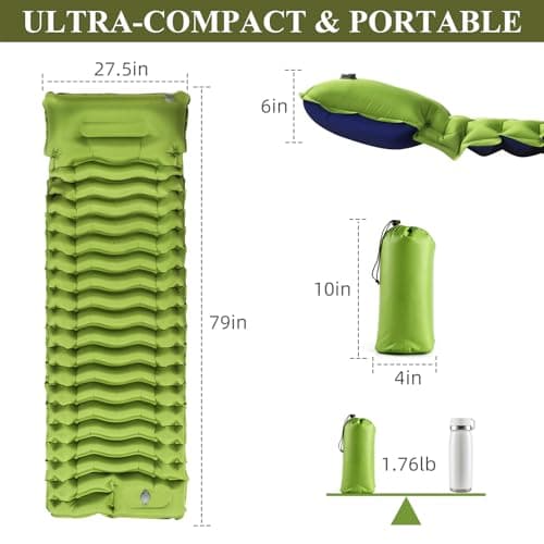 Jnconser Camping Sleeping Pad, Ultralight Inflatable Sleeping Mat with Pillow & Foot Pump, Extra Thick Compact Camping Mattress for Hiking, Backpacking & Tent Use, Dual-Colored Design (Green) - Thumbnail 5