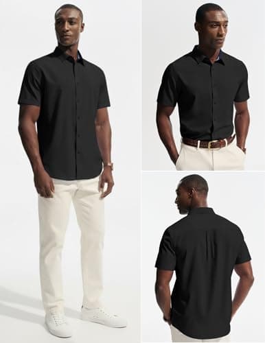 PJ PAUL JONES Mens Short Sleeve Button Down Shirts Wrinkle Free Untucked Dress Shirts for Men Stretch Collared Shirt Solid Regular Fit Black - Thumbnail 2