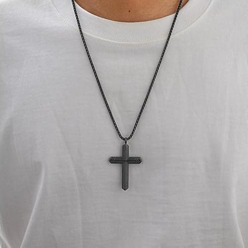 Stainless Steel Cross Necklace for Men, Silver Black gold plated Cross Pendant Jesus Necklace Chain, Non Tarnish Sturdy Mens Christian Jewelry Gifts for Him Baptism Confirmation Birthday, 24 Inch - Thumbnail 6