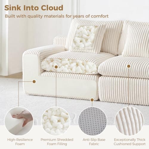 HipyMo 105" L-Shaped Boneless Cloud Couch, Modular Sectional Sofa with Ottoman and Extra-Wide Armrests, Deep Seat Sectional Couches for Living Room, High-Density Foam, No Assembly Required, Beige - Thumbnail 4