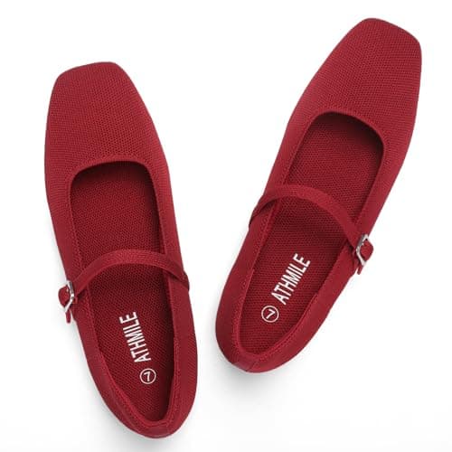 ATHMILE Square Toe Ballet Flats Mary Janes Shoes Women with Padded Heel & Adjustable Strap, Knit Slip-On Flats for Women for Office, Dressy & Casual, Machine Washable for Easy Care Red Size 10 - Image 1
