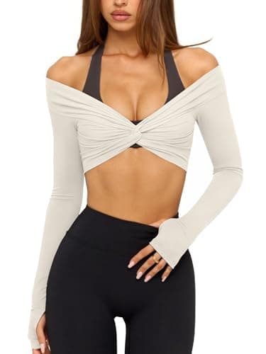 LASLULU Womens Long Sleeve Workout Tops Sexy Off the Shoulder Twist Front Bolero Shrugs Yoga Gym Ballet Wrap Tops Pilates Outfits (Beige, X-Small) - Image 1