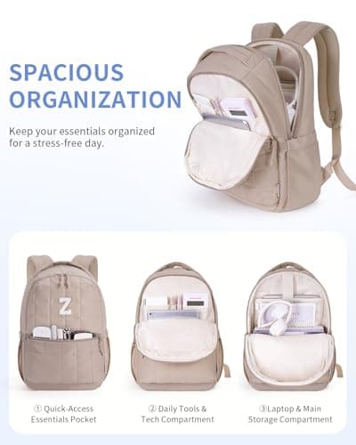 WANDF Initial Laptop Backpack for Women, Quilted Puffer 14 Inch College Backpack, Personalized Water-Resistant Travel Backpack Daypack (Khaki Z) - Thumbnail 3