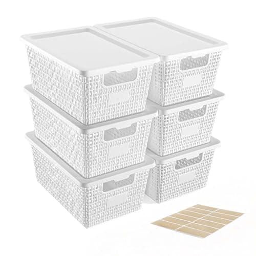 VEGITERIA Plastic Storage Baskets with Lids [6-Pack] – Stackable Organizing Bins with Secure Snap-On Lids for Pantry, Bathroom & Closet | 11"x7"x5" Bins Hold 25lbs, Dustproof & Water-Resistant, White - Image 1