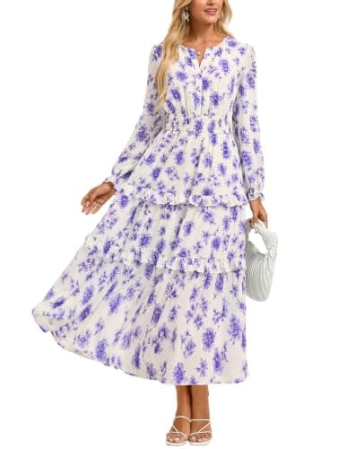GRACE KARIN Women's Floral Long Sleeve Maxi Dress 2026 V Neck Fall Wedding Guest Outfits Boho Flowy Dresses with Pockets Purple Floral XL - Image 1
