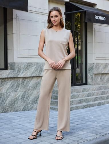 difficort Travel Sets for Women 2 Piece Vest Sleeveless Tops Long Pants Business Casual Outfits Summer,Beige,XX-Large - Thumbnail 6
