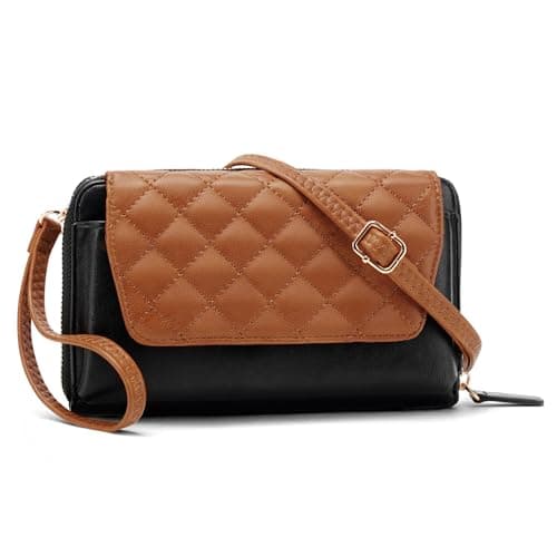 Kiss Sea Small Crossbody Bag for Women, Vegan Leather Wristlet Wallet Brown & Black Clutch Purse with Card Slots & Zip-Around, Cell Phone Shoulder Bag - Image 1