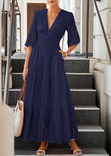 Lazysmile Long Sleeve Dresses for Women V Neck Hollow Out Eyelet Ruffle Swing A-Line Fall Vacation Boho Maxi Dress Navy - Thumbnail 5