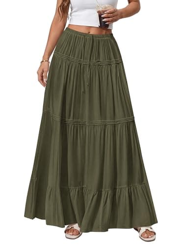 BTFBM Spring Skirts for Women 2026 Summer Boho Beach Vacation Clothes Casual Pleated High Waisted Flowy Maxi Skirt(Army Green, X-Large) - Thumbnail 4